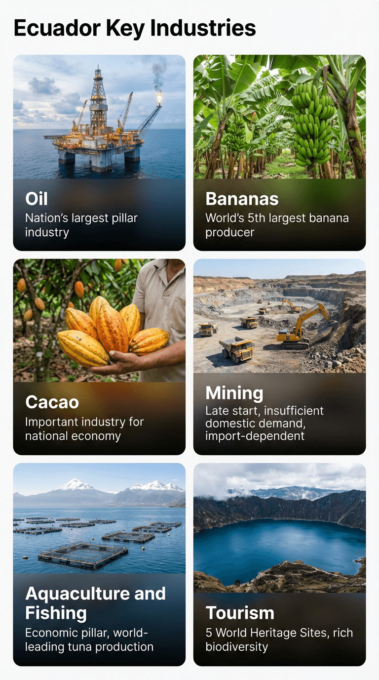 図：エクアドルの主要産業——石油生産、バナナ（世界 5 位の産出国）、カカオ、鉱業、養殖（エビ）、観光。