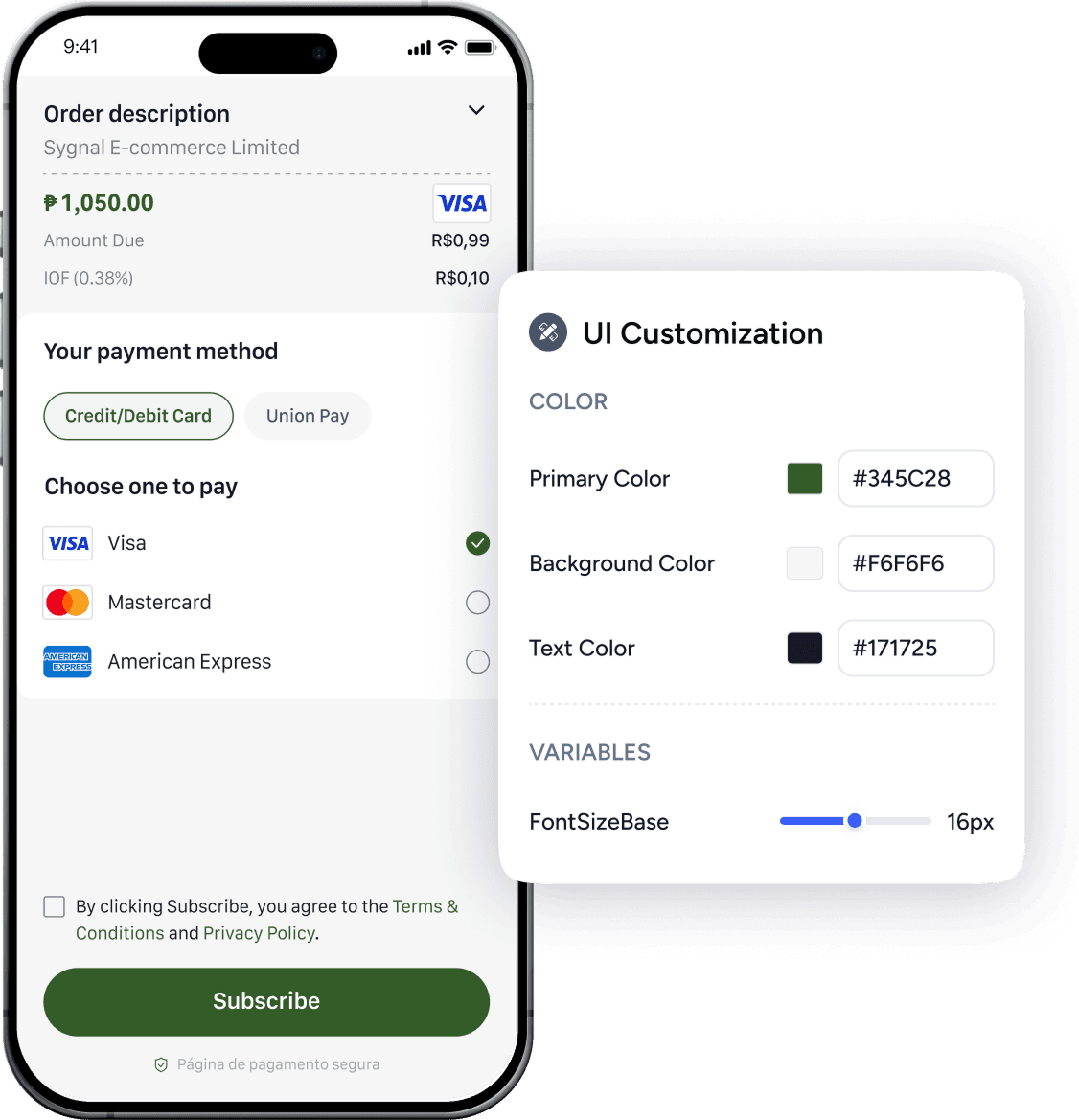 Waffo Checkout brand customization — green theme example showing full color and style flexibility