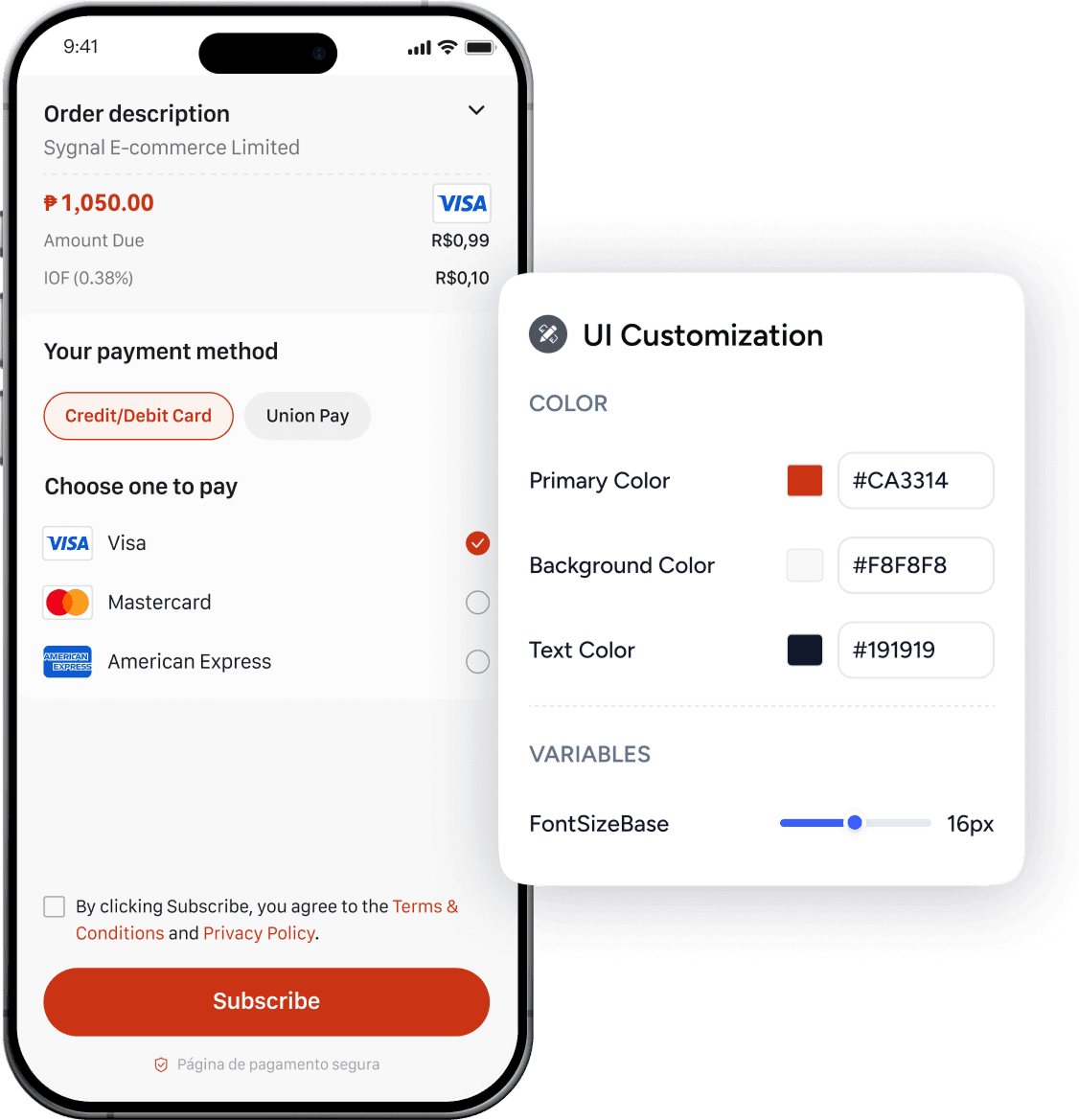 Waffo Checkout brand customization — red theme example showing full color and style flexibility