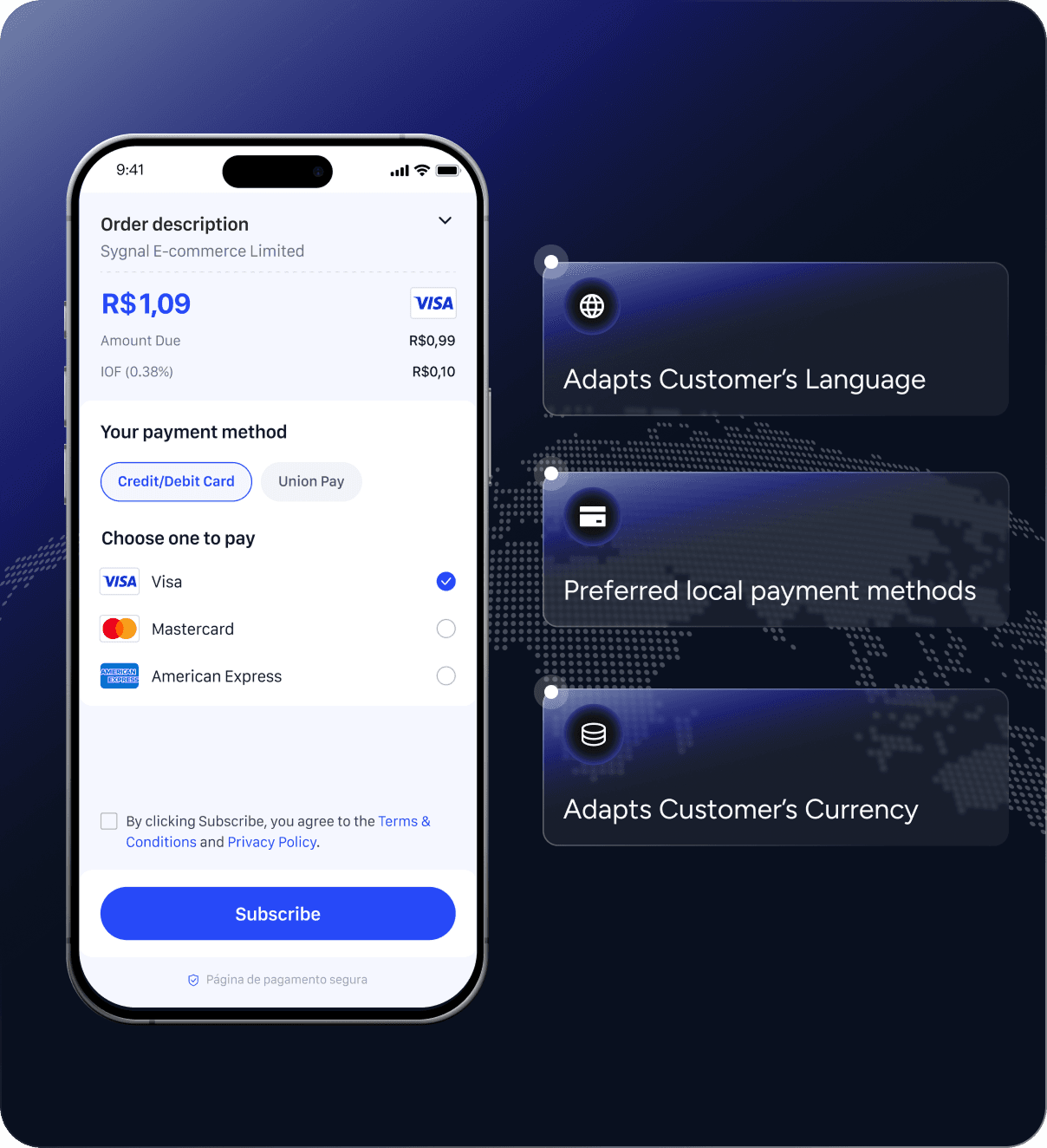 Waffo localized checkout experience automatically adapting to local language, currency, and payment methods