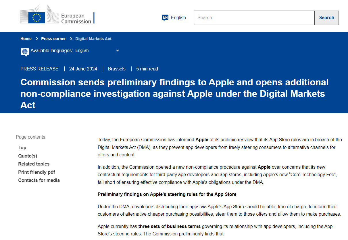 Screenshot of the European Commission official press release announcing preliminary non-compliance findings against Apple under the DMA.