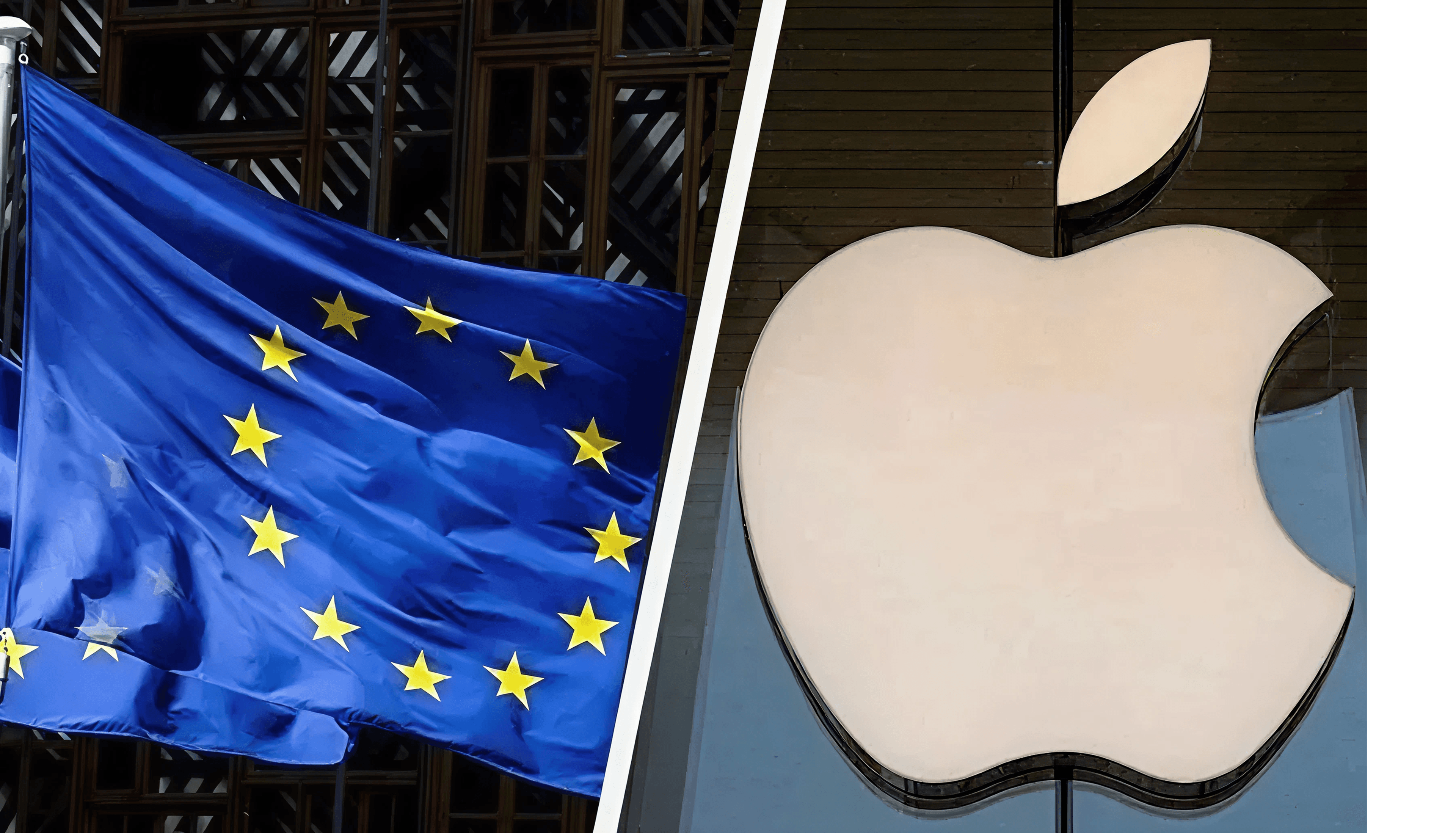 Split image showing the European Union flag alongside the Apple logo, symbolising the regulatory standoff over anti-steering provisions.
