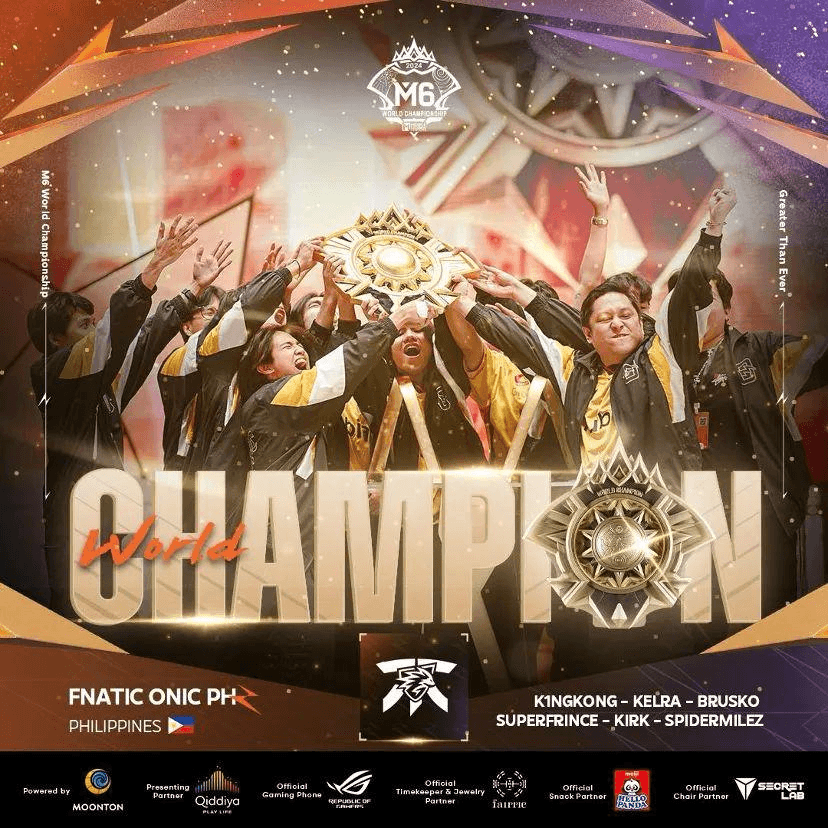 Fnatic Onic team members lifting the golden trophy at MLBB M6 World Championship finals.