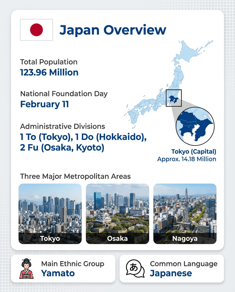 信息图:日本基本情况——人口 1.239 亿,及首都圈地图。