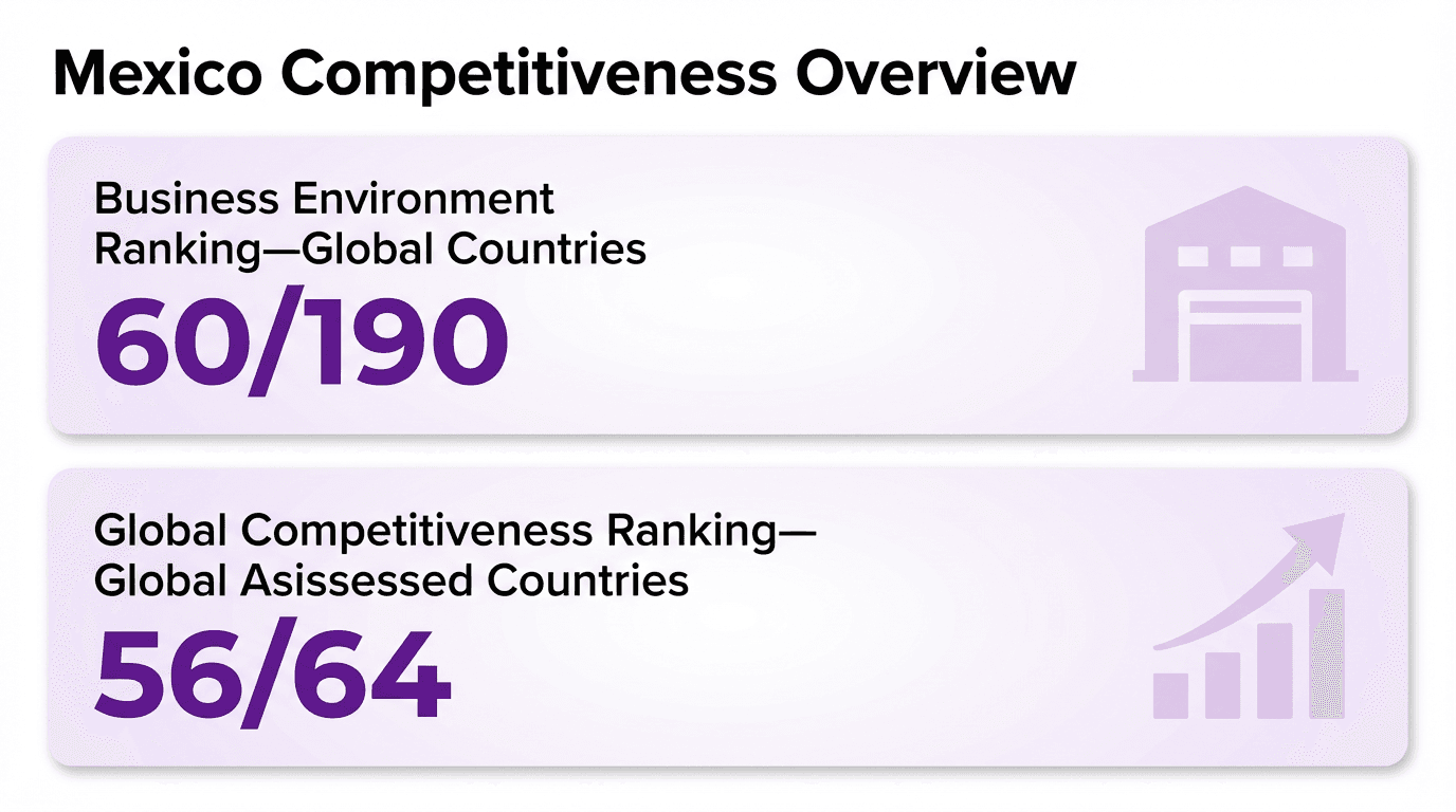 Graphic showing Mexico's business environment ranking (60/190) and global competitiveness score.