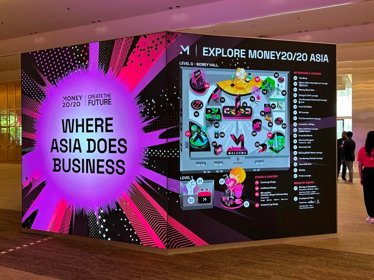 Large interactive venue map and signage at Money 20/20 Asia reading "Where Asia Does Business" at QSNCC.