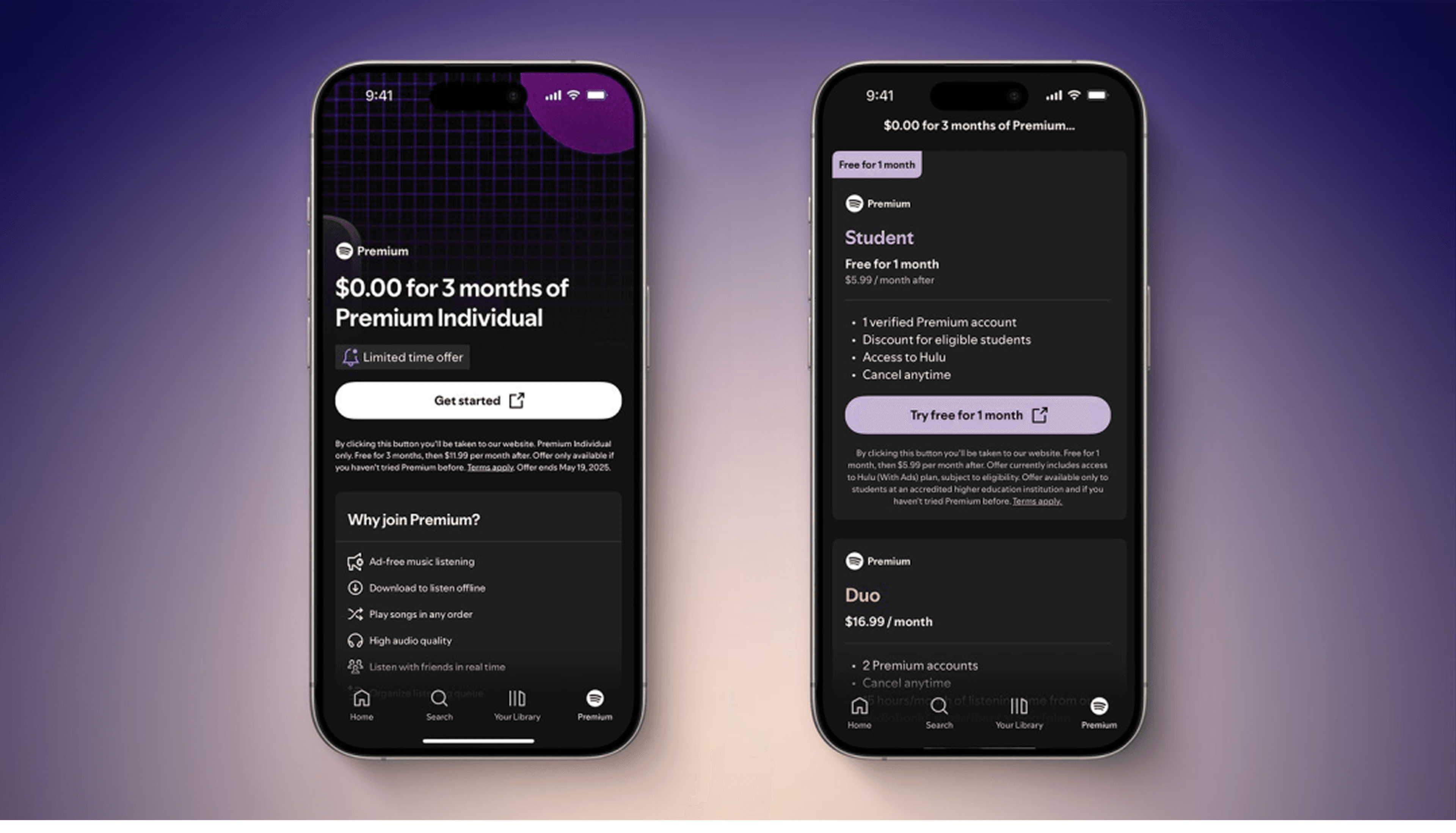 iPhone 上の Spotify アプリの画面。透明な料金表示と、新しい外部決済リンクのボタン。