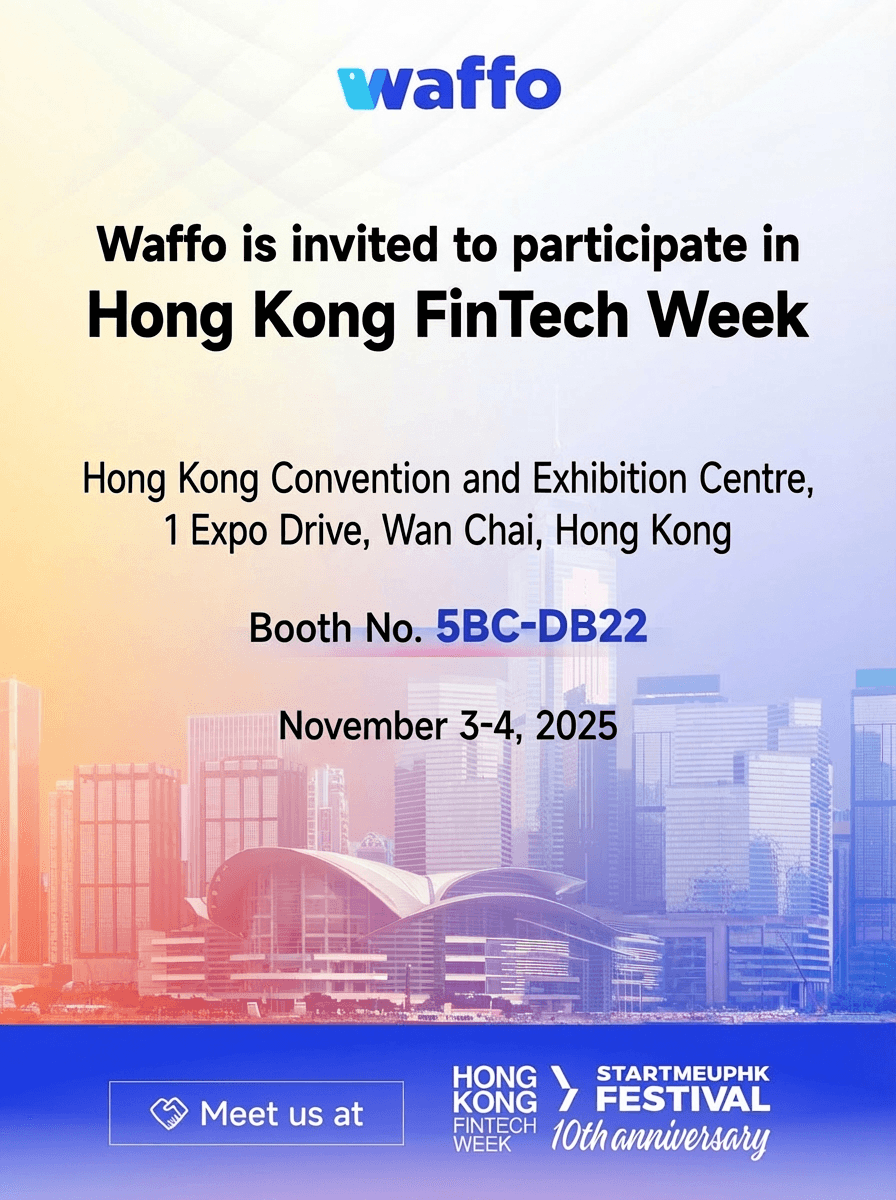 Waffo 香港金融科技周 2025 官方邀请海报,主题为 AI 变现解决方案,展位 5BC-DB22